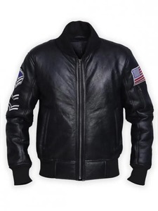 เสื้อแจ็คเก็ตบอมเบอร์หนังสีดำลายธงชาติอเมริกัน - Product Image 1
