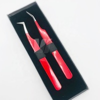 Pince à épiler d'extension de cils incurvés en acier durable japonais de type L de haute qualité Logo personnalisé couleur rouge avec pointe de volume