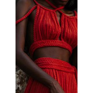 <b>Sexy</b> Casual Club Women's Knitted Two Piece <b>Set</b> Criss-Cross Halter Top Pleated Long Skirt Solid Color Plain Dyed Breathable - Product Image 4