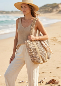 Bolso Tote de Yute y Cuero para Mujer, Estilo Bohemio, con Rayas, Cierre de Cremallera, Correa para el Hombro, Ecológico, para Playa, Verano y Uso Diario - Product Image 5