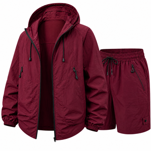 Custom <b>Men's</b> Hooded Nylon Windbreaker <b>Jacket</b> and Shorts Set Lightweight Water Resistant OEM Logo - Product Image 3