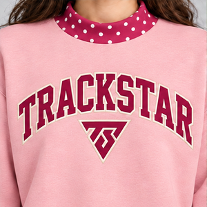 Women's Dusty <b>Pink</b> Mock Neck <b>Sweatshirt</b> with Deep <b>Pink</b> Polka Dot Trim and Varsity Graphic Long Sleeve Casual Pullover Custom - Product Image 5