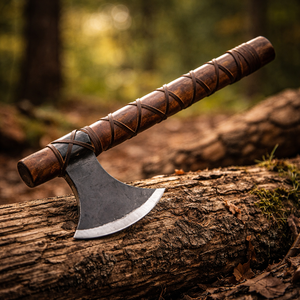 หัวขวานโทมาฮอว์กทำมือสไตล์อินดัสเทรียล DIY พร้อมใบมีดเหล็กคาร์บอนและด้ามไม้ในปลอกหนัง - Product Image 4