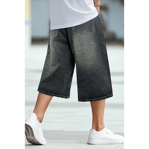 Men's Washed Denim Bermuda Shorts <b>Mid</b> Waist Button Fly Casual Style Solid Color Breathable Canvas Fabric - Product Image 3
