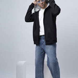 Custom <b>Men</b>’s Black Full Zip Hoodie with Contrast <b>Grey</b> Hood Lining and Split Kangaroo Pockets Casual Sweatshirt - Product Image 4