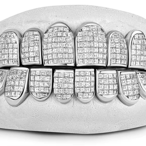 Ensemble de luxe complet de grillz hip-hop entièrement sertis de diamants, finition diamant en cluster invisible carré, capuchons dentaires en argent personnalisés, bijoux - Product Image 1