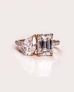 14K Gold <b>Two</b> <b>Stone</b> Lab Diamond <b>Ring</b> Toi Et Moi Design Emerald & Pear Cut Engagement <b>Ring</b> IGI Certified Pave Diamond Band <b>Ring</b> - Product Image 1
