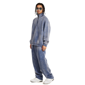 Ensemble de survêtement 2 pièces moderne pour homme : sweat à capuche zippé et pantalon de jogging en coton, coupe ajustée, patchwork contrastant - Product Image 1