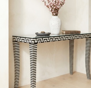 Modern <b>Black</b> and White Bone Inlay <b>Console</b> Table with Glass Top Decorative Design Mango Wood Living Room Furniture - Product Image 4