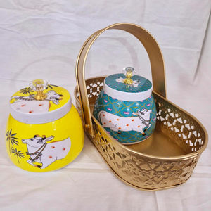 Custom Printed Enamel Metal Storage <b>Canister</b> Jars with Brass Gold Basket Tray Diwali Gift <b>Set</b> Manufacturer Cow Pichwai Design - Product Image 3