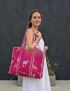 Handcrafted Quilted Cotton Bohemian Tote Bag Zipper Woodland Animal Motifs Striped <b>Straps</b>-Eco-Friendly Shopping Utility Bag - Product Image 3