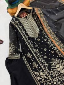 Black Cotton Embroidered Salwar Kameez Set <b>Women</b> <b>Kurti</b> Palazzo Dupatta Traditional Wedding Party Outfit Quick Dry India Pakistan - Product Image 4