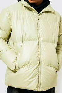 Custom Logo <b>Men's</b> Light Green Puffer Jacket Stand Collar Zipper Closure Windproof Thick Polyester Winter <b>Coat</b> Casual Streetwear - Product Image 6