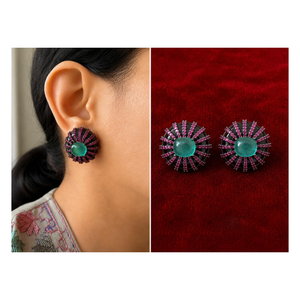 Elegant SHIVKA Statement <b>Earrings</b> Green Central Stone with Pink Accent Design Premium Fashion Jewelry - Product Image 3