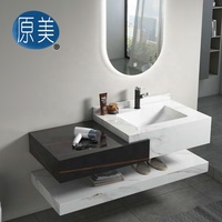 Évier semi-encastré Cuvette en pierre artificielle flottante Meuble-lavabo en pierre frittée en marbre Meuble-lavabo de luxe mural deux tons de couleur