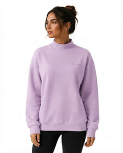 Women's Lavender <b>Mock</b> <b>Neck</b> Oversized Fleece Sweatshirt With Embroidery Front Solid Color Long Sleeve Casual <b>Top</b> - Product Image 1