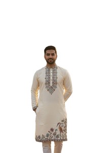 Men's Cream Embroidered Kurta <b>Set</b> With Bird Floral Design Traditional Indian Pakistani Wedding Wear Regular Fit Ankle-Length - Product Image 2