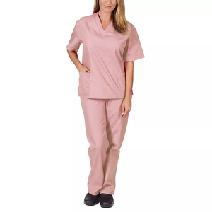 Conjunto de uniforme médico unisex con cuello en V, manga corta, color morado liso, mezcla de algodón y poliéster, tela peinada, con bolsillos, para hospital - Product Image 3