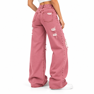 High Quality <b>Women</b> Ripped Wide Leg <b>Jeans</b> High Waist Distressed Denim Trousers <b>Baggy</b> Damaged Pants Custom <b>Women's</b> Denim <b>Jeans</b> - Product Image 6