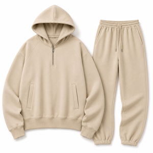 Conjunto de sudadera con capucha y pantalón de chándal de dos piezas para hombre, con media cremallera, de mezcla de algodón, corte holgado, estilo urbano casual, liso - Product Image 2