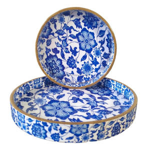 Plateau de service rond moderne de luxe en MDF laqué beige avec imprimé floral botanique, finition brillante blanche, décoration artisanale en bois pour la maison - Product Image 6
