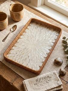 Rectangular Rattan <b>Storage</b> <b>Tray</b> With Painted Floral Design Bohemian Style Table Top Organizer Easy To Clean - Product Image 3