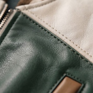 Veste universitaire en cuir PU vert, blanc et marron pour homme, col rabattu, fermeture éclair, décontractée, automne - Product Image 4