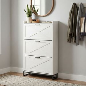Mobiletto con ante scorrevoli bianco anticato con 3 cassetti e pannello superiore, scarpiera grande capacità 80x24x145cm - Product Image 5