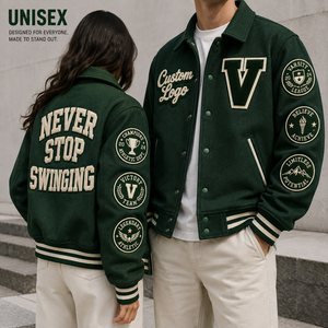 เสื้อแจ็คเก็ตเบสบอลแบบวาร์ซิตี้สำหรับผู้ชาย ตกแต่งด้วยแพทช์เชนิลล์คุณภาพสูงสีเขียวสไตล์วินเทจ ฮิปฮอป กันลมในฤดูหนาว เป็นมิตรกับสิ่งแวดล้อม ตัดเย็บแบบแพทช์เวิร์ค - Product Image 3