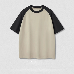 Men's Oversized Raglan Sleeve <b>T</b>-<b>Shirt</b> <b>Cream</b> Brown Contrast Color Blocked O-Neck Casual Jersey Knit Cotton Short Sleeve - Product Image 4