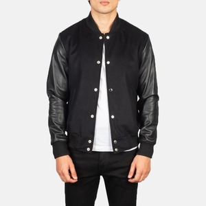 <b>Men's</b> Black PU <b>Leather</b> Varsity <b>Jacket</b> Turn-down Collar Regular Fit Casual Autumn Wear Button Closure Solid Color - Product Image 1