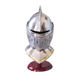 Casco de Caballero Medieval de Acero Troquelado Plateado, Pieza Decorativa, Réplica de Guerrero Antiguo con Base de Madera para Arte en el Hogar/Oficina - Product Image 5