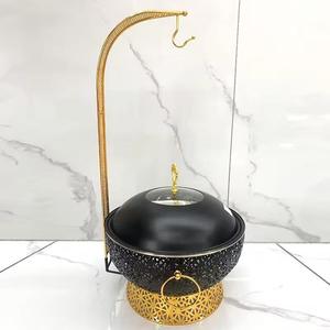 Recipiente para Calentar Comida Tipo Buffet, Redondo, de Acero Inoxidable Negro Mate con Base Dorada, para Catering de Bodas de Lujo - Product Image 6