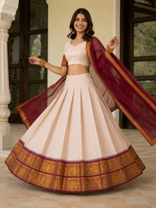 Conjunto de Lehenga Choli tejido con hilo rosa, vestido étnico indio con dupatta con borde color borgoña para MUJERES - Product Image 1