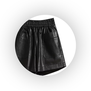 High <b>Waist</b> Black PU Leather Shorts Women <b>Elastic</b> <b>Waist</b> Skinny Fit Breathable Light Moto Biker Style Pockets Solid Color Short - Product Image 3
