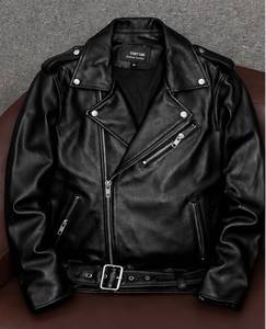 Veste moto en cuir véritable pour homme, col rabattu, fermeture éclair, coupe ajustée, couleur unie, manches classiques, automne - Product Image 2