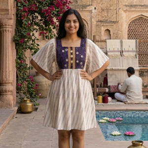 Vestido Corto de Algodón Ikat para Mujer, Mangas con Volantes, Cintura Imperio, Corte en A, Mini Vestido con Bordado, Estilo Casual para Verano - Product Image 5