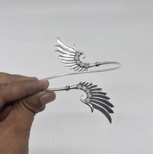 Natural Moonstone <b>Feather</b> Wing Vintage High-quality Handmade <b>Silver</b> Plated Open Bangle Bohemian Gemstone Upper Arm <b>Bracelet</b> - Product Image 4
