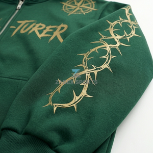 Sweat-shirt à capuche zippé vert pour homme, coupe classique, imprimé avec motif boussole et logo frontal motif épines - Product Image 4