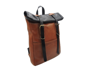 Genuine Leather Roll Top Backpack With Hasps Closure Unisex Laptop <b>Bag</b> Retro Style Softback 20-39L Capacity Shoulder Straps - Product Image 1