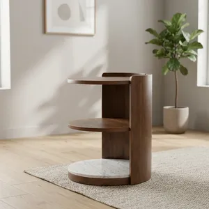 <b>Modern</b> Round Wood Side Table with Marble Base and Storage <b>Shelf</b> Living Room Furniture with charging socket - Product Image 6