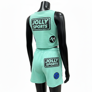 Conjunto Deportivo para Mujer, Top Corto y Pantalones Cortos de Algodón y Poliéster Transpirable, Color Verde, con Parche de Logotipo Personalizado en Chenilla, 100% Algodón - Product Image 5