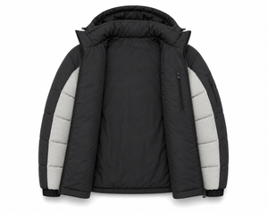 Wholesale Hooded Puffer <b>Jacket</b> Contrast Panel Construction Warm Polyester Filling Custom Patch Multiple Zipper Pockets - Product Image 5