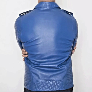 Veste de moto en cuir véritable bleu pour homme HELLERITE INDUSTRY, respirante, fermeture éclair, col rabattu, coupe ajustée, pour l'hiver - Product Image 2