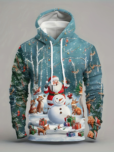 Sweat-shirt à capuche imprimé Père Noël, bonhomme de neige et cerf pour homme, hiver, décontracté, tricoté en polyester, coupe classique - Product Image 1