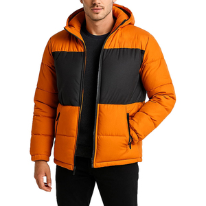 Hooded <b>Quilted</b> Jacket Men Winter Color Blocked Orange Black Full Sleeve Zipper Closure <b>Thick</b> Padded Outerwear - Product Image 1
