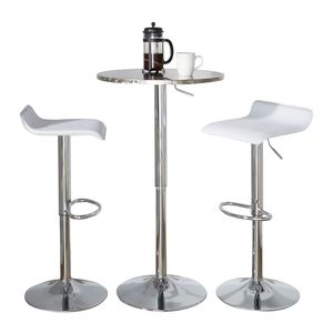 Set da Bar Contemporaneo in 3 Pezzi, Argento e Cromo, con Tavolo Rotondo e Poggiapiedi Ovale Regolabile in PVC Bianco - Product Image 2