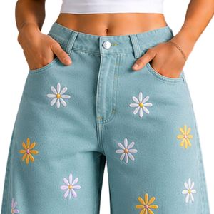 Vaqueros anchos de mezclilla verde marino para mujer con bordado floral, cintura alta, holgados, estilo casual urbano, venta al por mayor OEM ODM personalizada - Product Image 5
