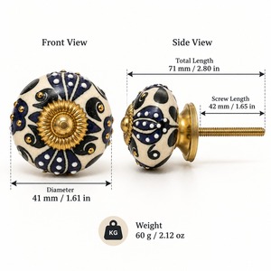 Poignée de tiroir décorative SHUBHAM en céramique, crème, bleu marine, noir, ivoire, or, motif floral, avec vis - Product Image 6