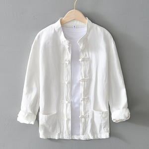 Camisa de primavera para hombre, informal, de manga larga, de algodón y lino, tejido dobby, transpirable, con cuello alto y ajuste holgado. - Product Image 5